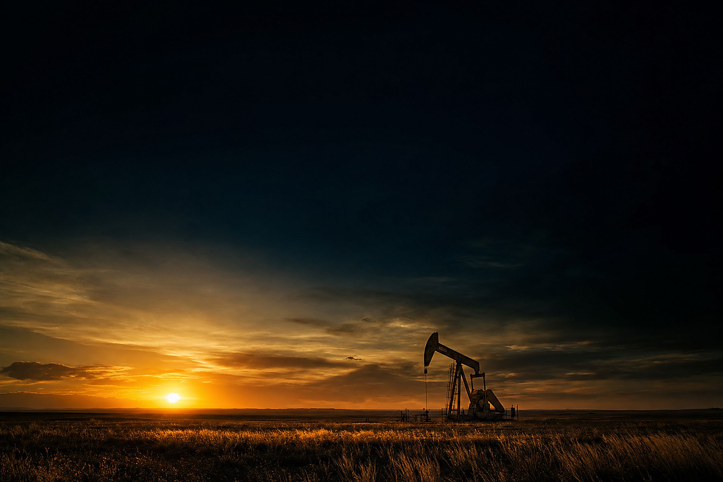 Oil pumpjack silhouetted against a golden-hour sky on the Oklahoma plains