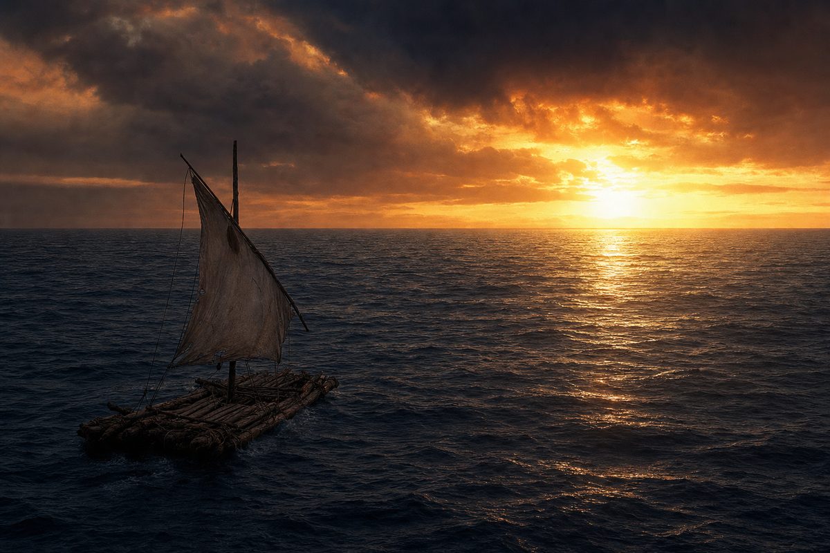A raft on the open ocean at dusk — Ninety Miles