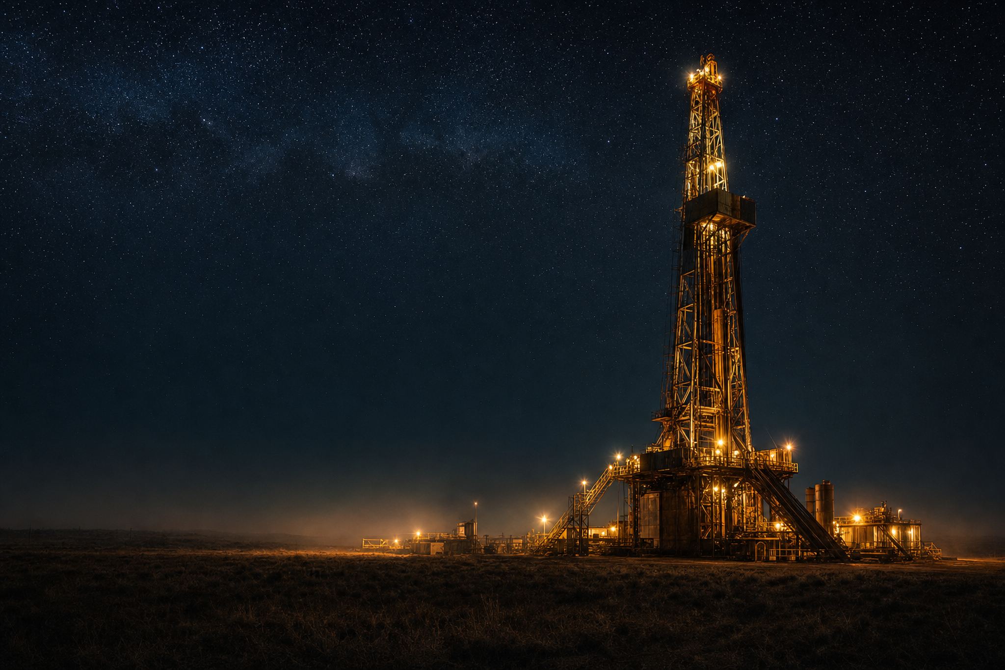 Drilling rig lit with amber work lights at night