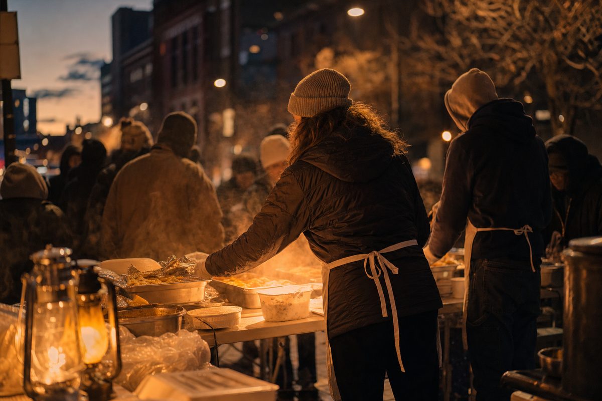 Volunteers serving hot meals at an outdoor street ministry at dusk